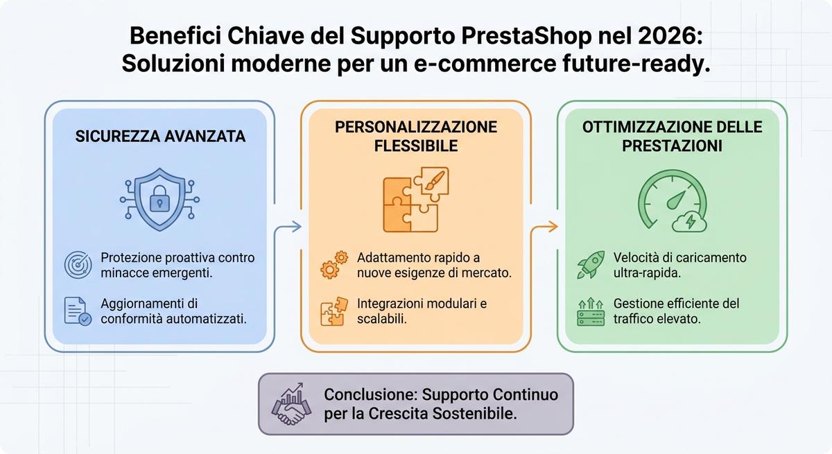 Vantaggi cruciali dell'assistenza PrestaShop nel 2026, icone su sicurezza e ottimizzazione.