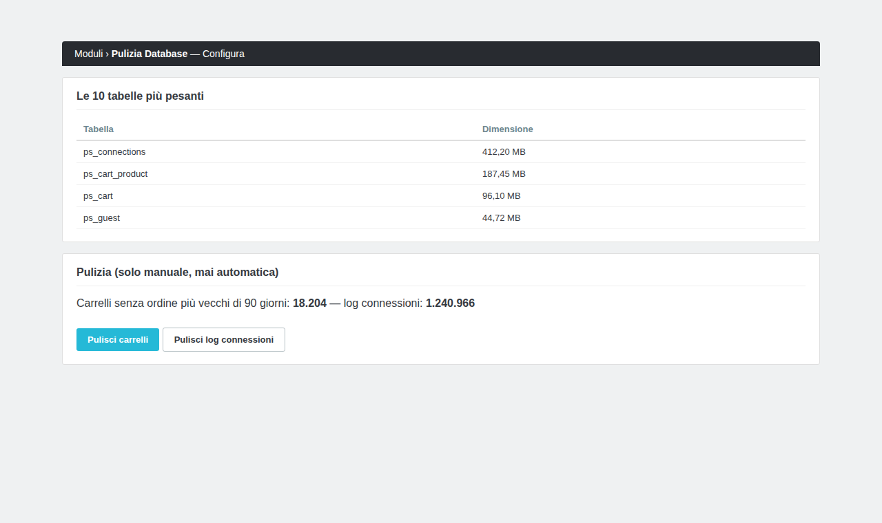 Il pannello del modulo Pulizia Database dentro PrestaShop